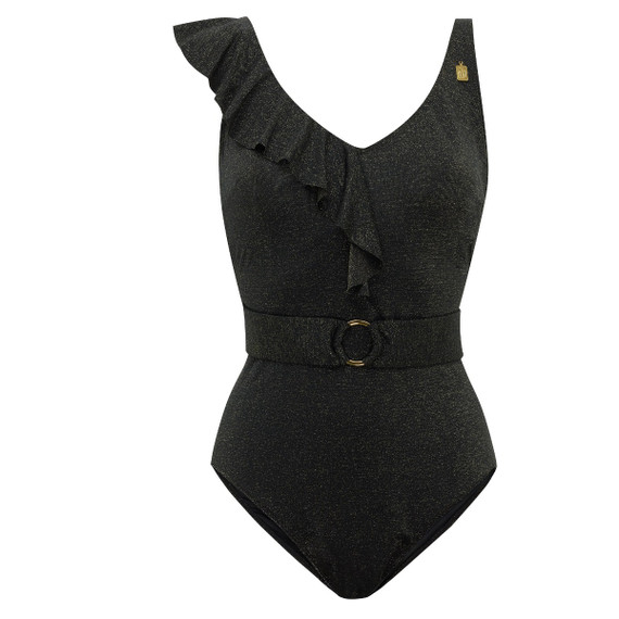 Annadiva Swim Sparkling Black Ruched Ruffle Badpak Black