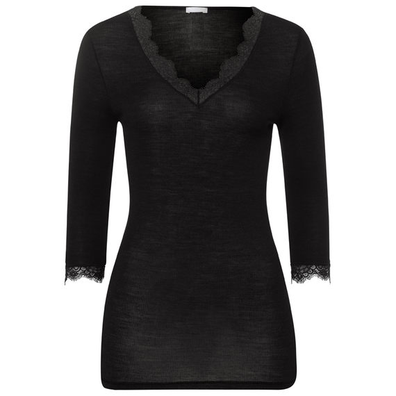 Hanro Woolen Lace Shirt Met Driekwart Mouwen Black
