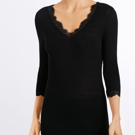 Hanro Woolen Lace Shirt Met Driekwart Mouwen Black